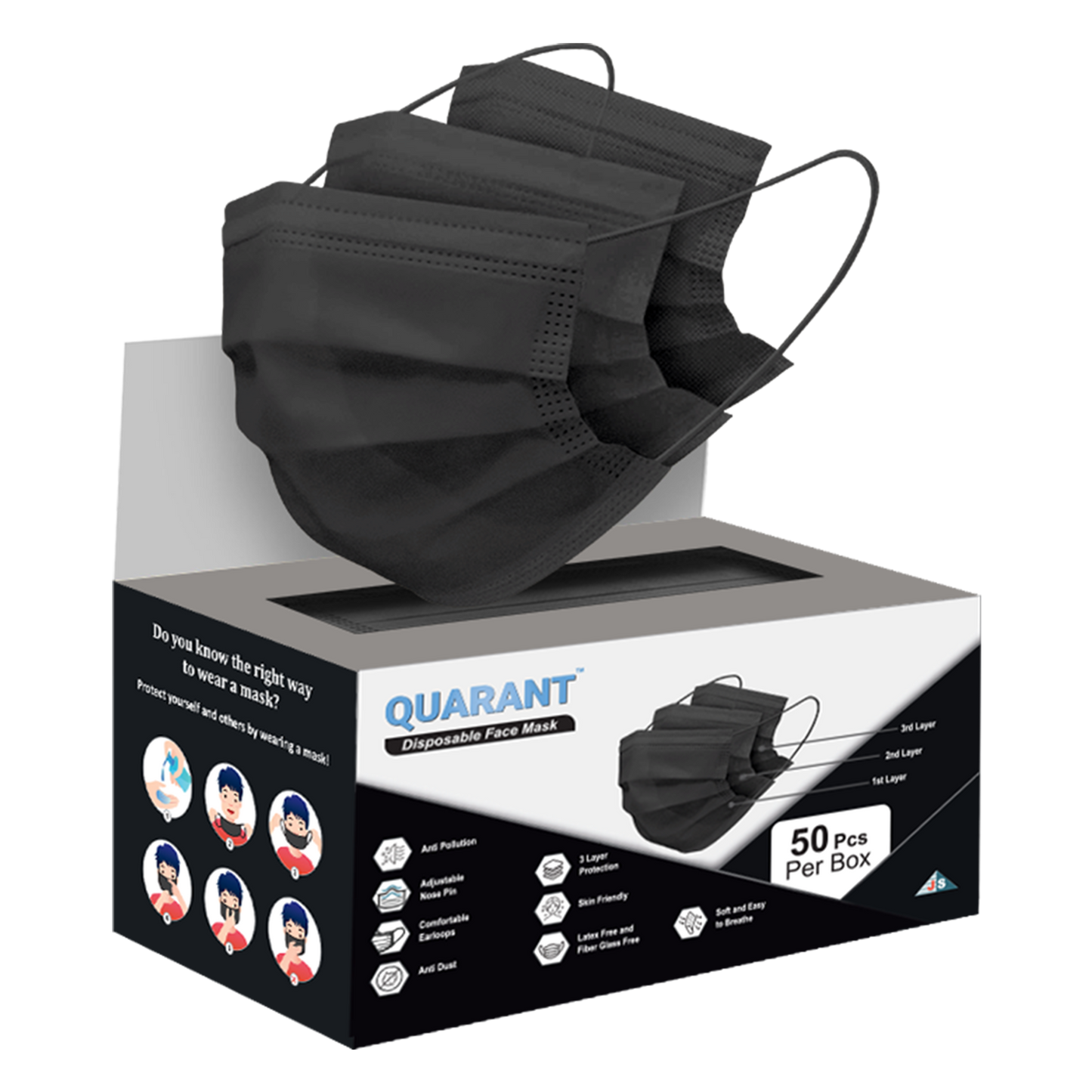 QUARANT 3 Ply Black Surgical Face Mask with Adjustable Nose Pin