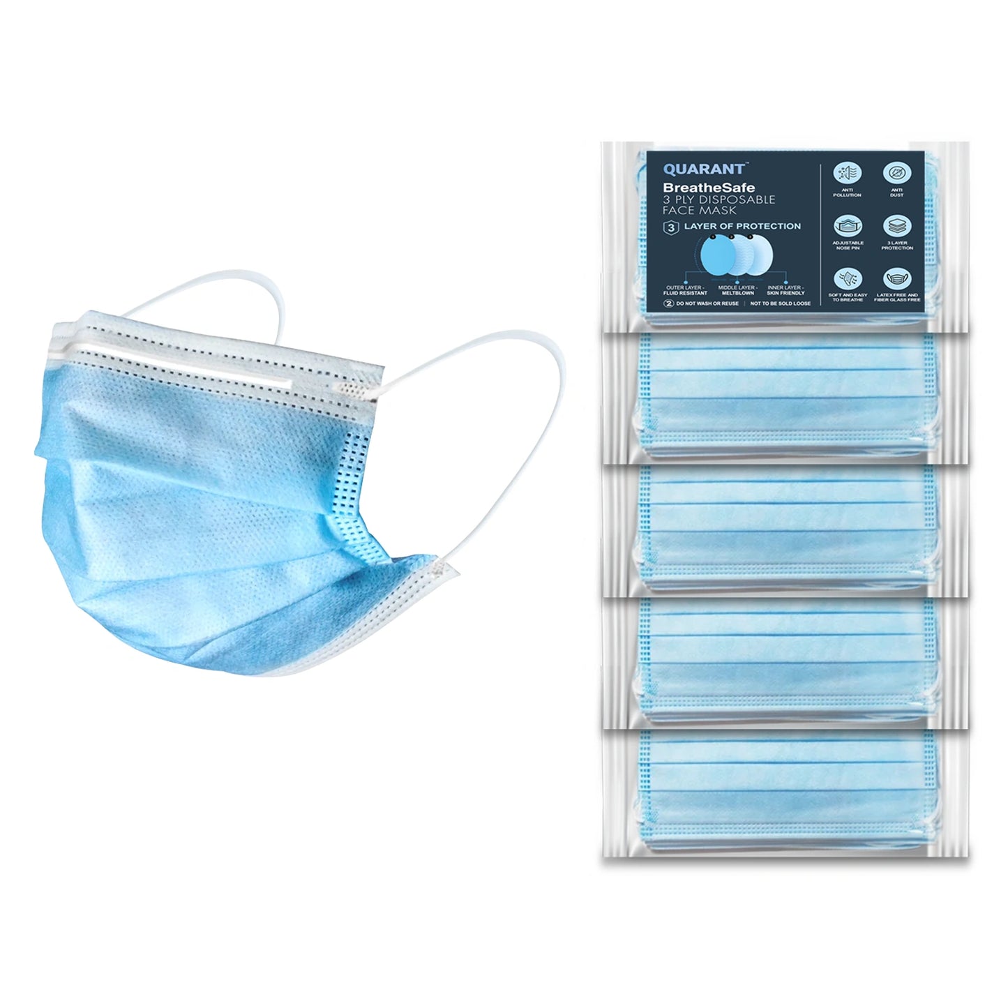 QUARANT 3 Ply Disposable Surgical Face Mask with Adjustable Nose Pin - Packed in Sealed Pouches of 5 pcs
