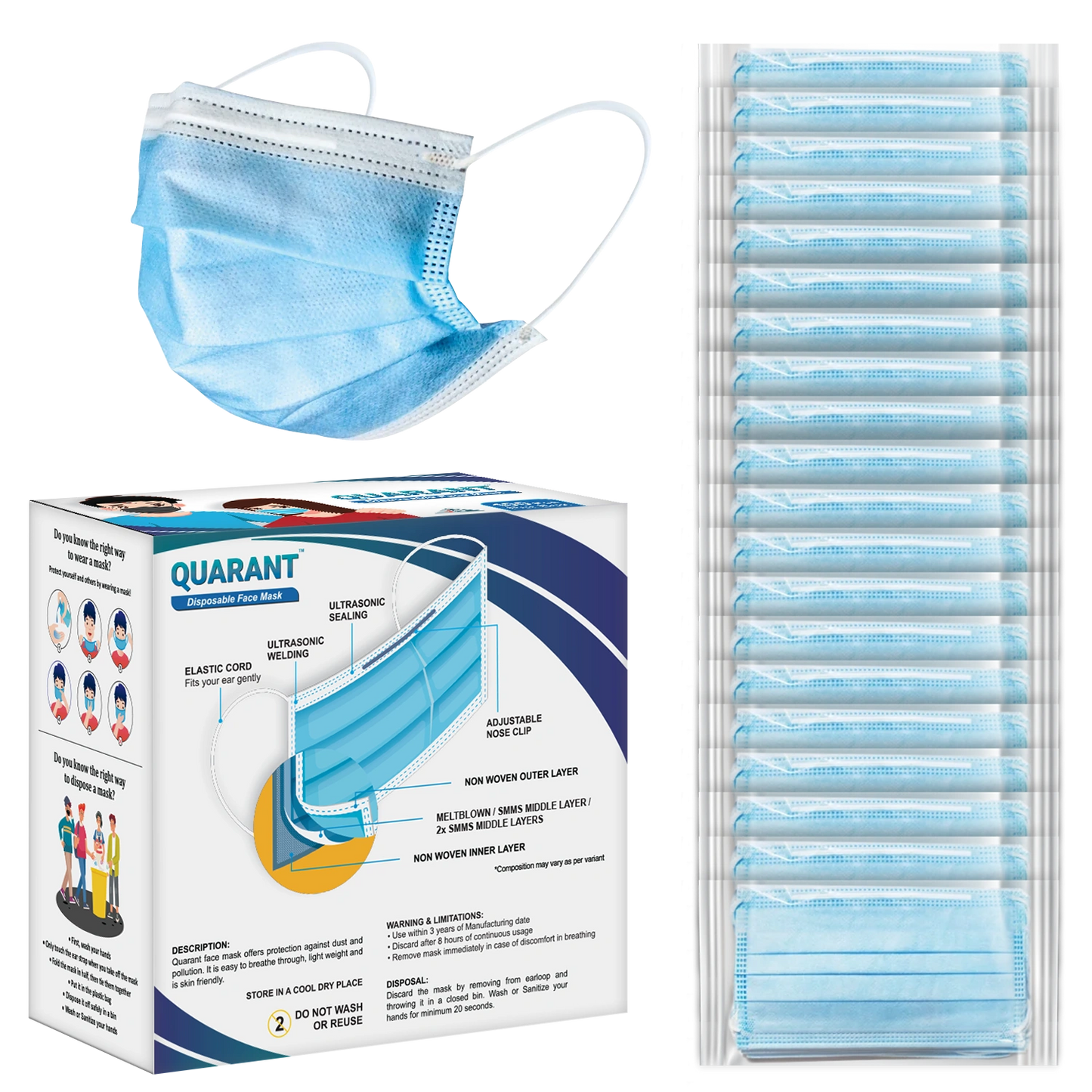 QUARANT 3 Ply Disposable Surgical Face Mask with Adjustable Nose Pin - Packed in Sealed Pouches of 5 pcs
