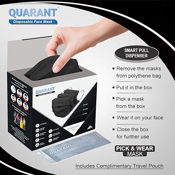 QUARANT 3 Ply Black Surgical Face Mask with Adjustable Nose Pin