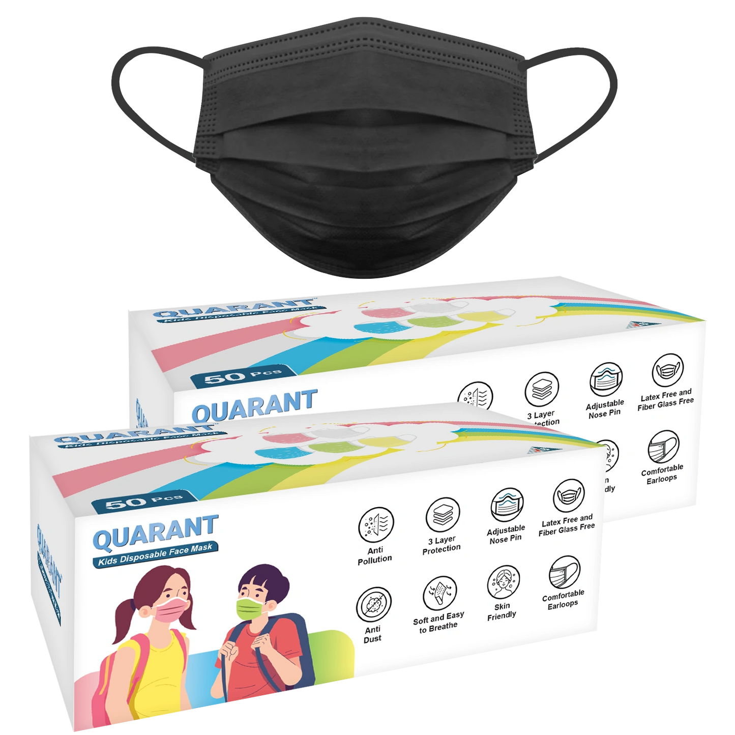 QUARANT Kids 3 Ply Disposable Surgical Face Mask for Children Aged 5 to 12 Years (Black)