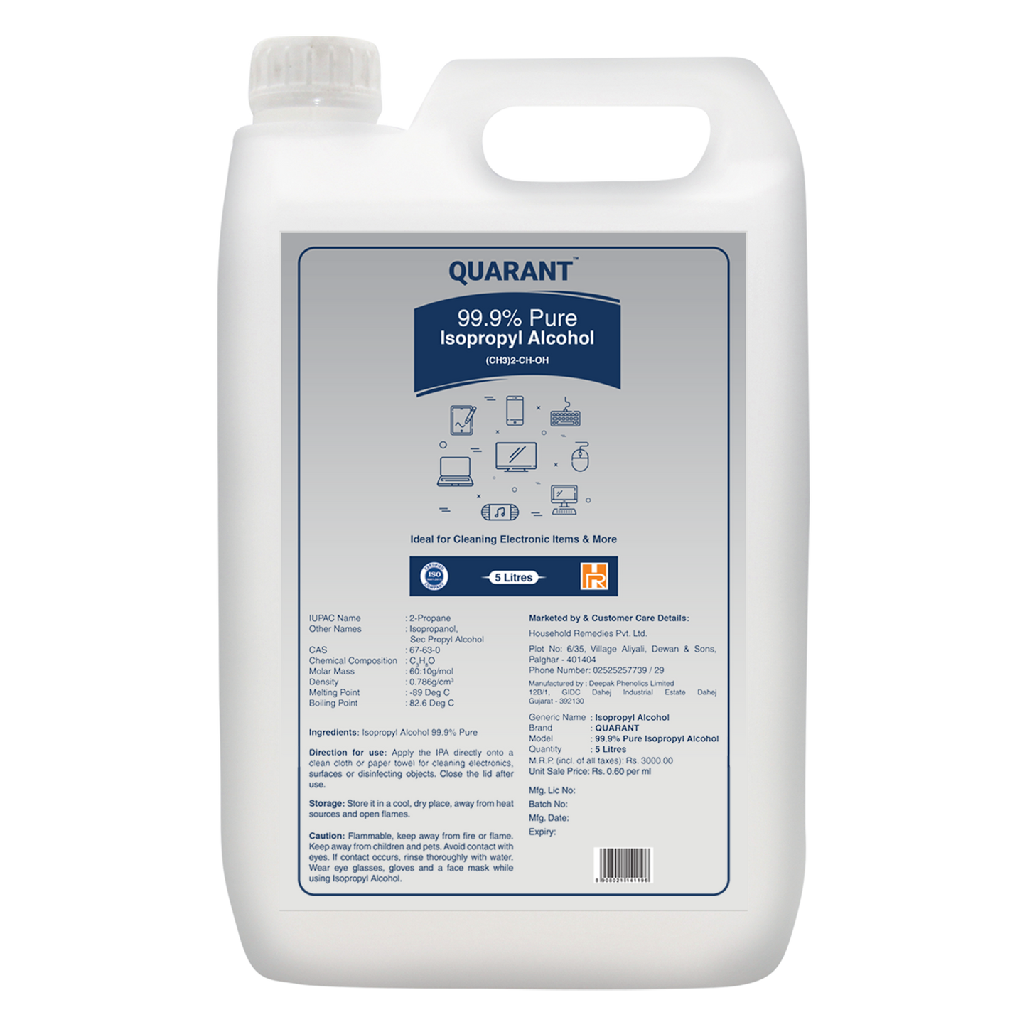 QUARANT 99.9% Pure Isopropyl Alcohol (IPA) for Rubbing or Cleaning Electronics & More, 5 Litre Can