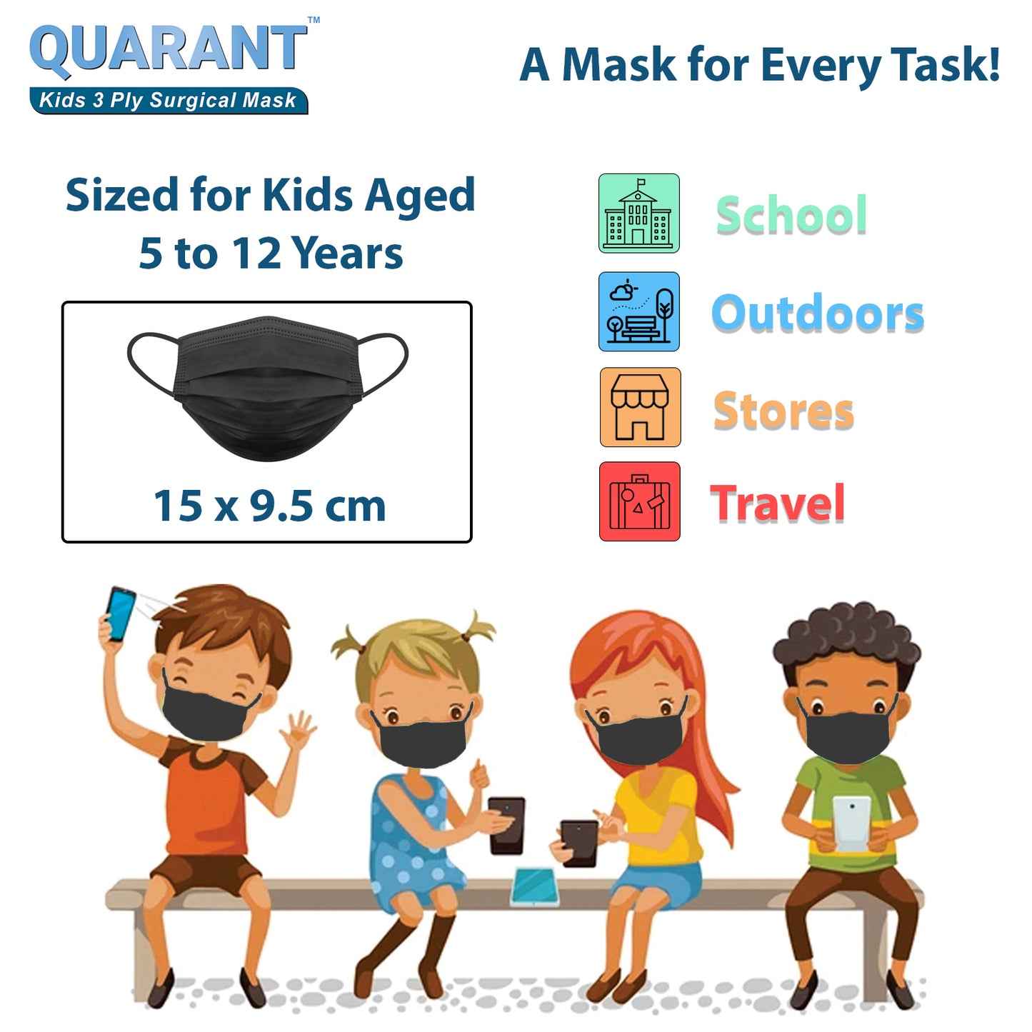 QUARANT Kids 3 Ply Disposable Surgical Face Mask for Children Aged 5 to 12 Years (Black)