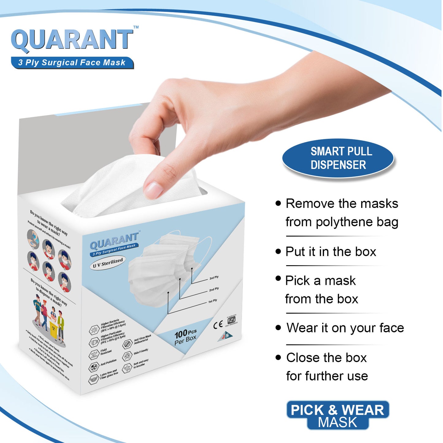 QUARANT 3 Ply White Surgical Face Mask with Adjustable Nose Pin