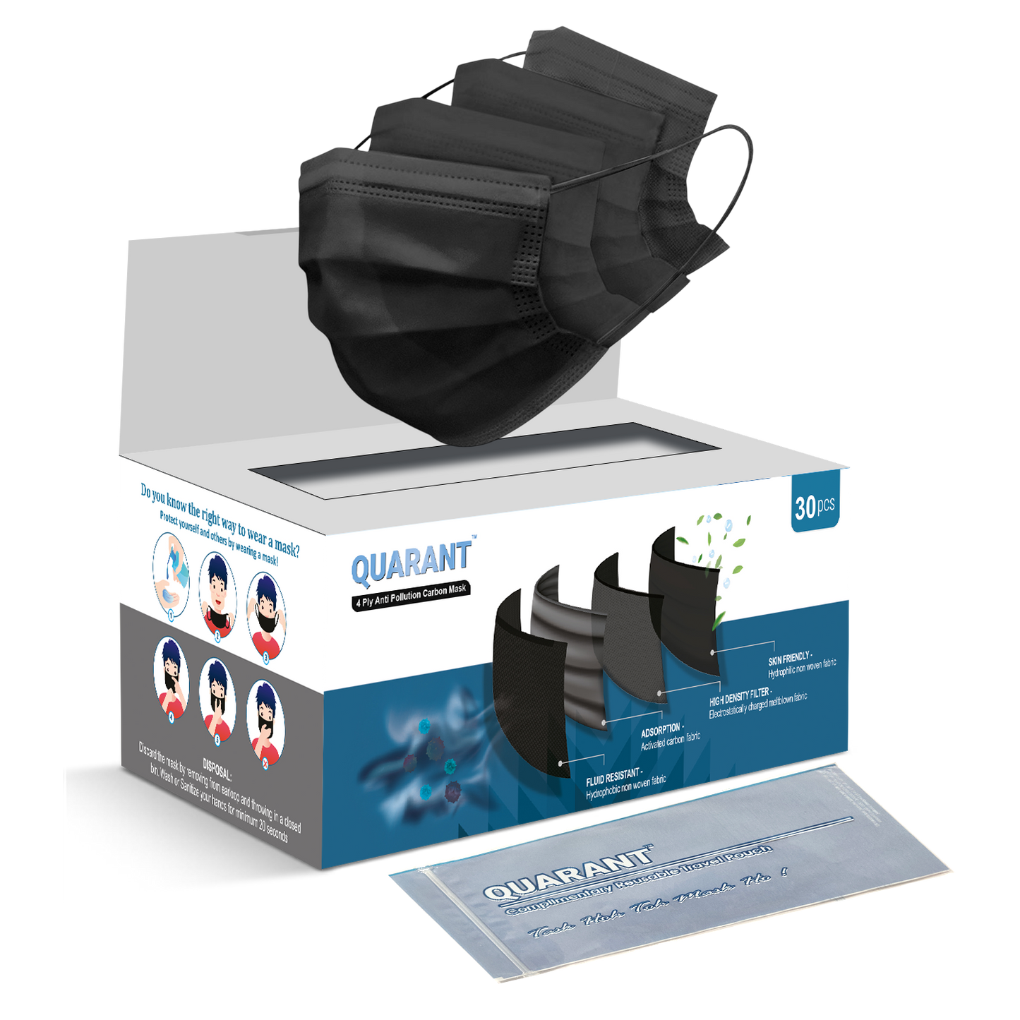 QUARANT 4 Ply Anti Pollution Activated Carbon Face Mask with Meltblown Fabric, Nose Clip & Reusable Travel Pouch (Black, Pack of 30)