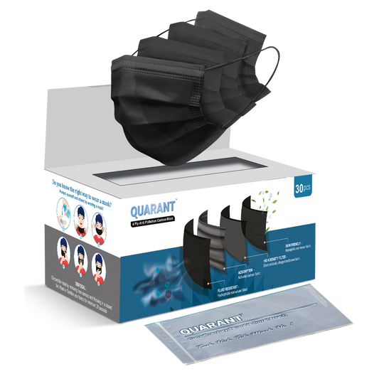 QUARANT 4 Ply Anti Pollution Activated Carbon Face Mask with Meltblown Fabric, Nose Clip & Reusable Travel Pouch (Black, Pack of 30)