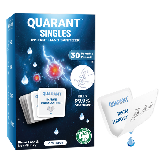 QUARANT 80% Alcohol Based Instant Hand Sanitizer Singles, Travel Size Single Use 2 ml Individual Portable Packets, Kills 99.9% Germs, WHO Recommended Formula, FDA Approved (Pack of 30)