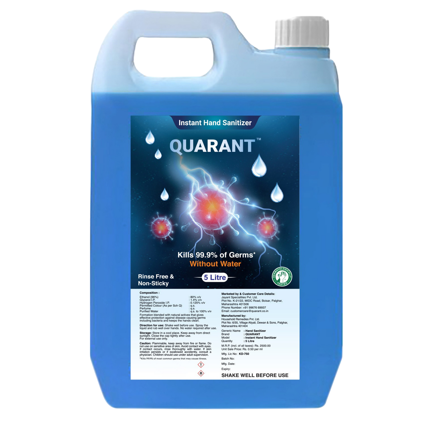 QUARANT 80% Alcohol Based Instant Hand Sanitizer Refill Pack, Kills 99.9% Germs, WHO Recommended Formula & FDA Approved (5 Litre Can)