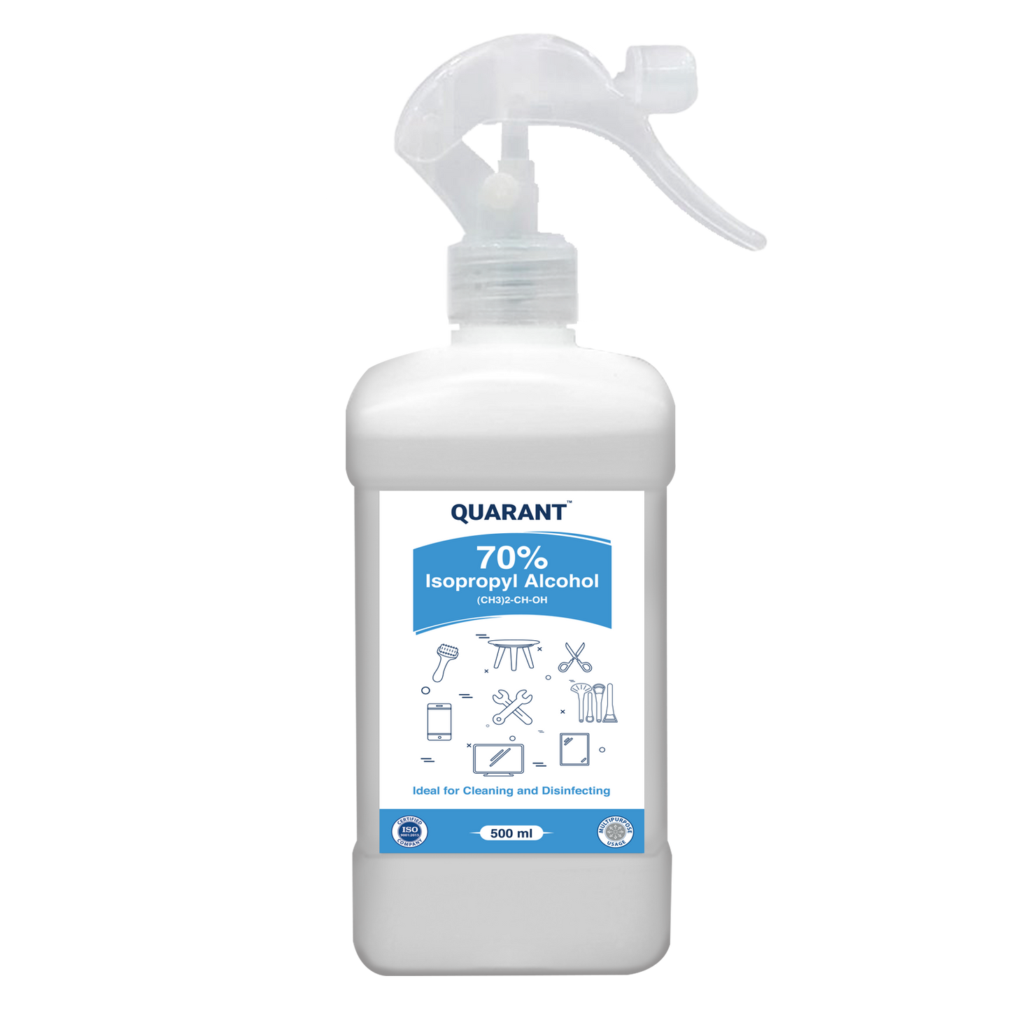 QUARANT 70% Isopropyl Alcohol (IPA) for Cleaning & Disinfecting, 500ml Trigger Spray Bottle
