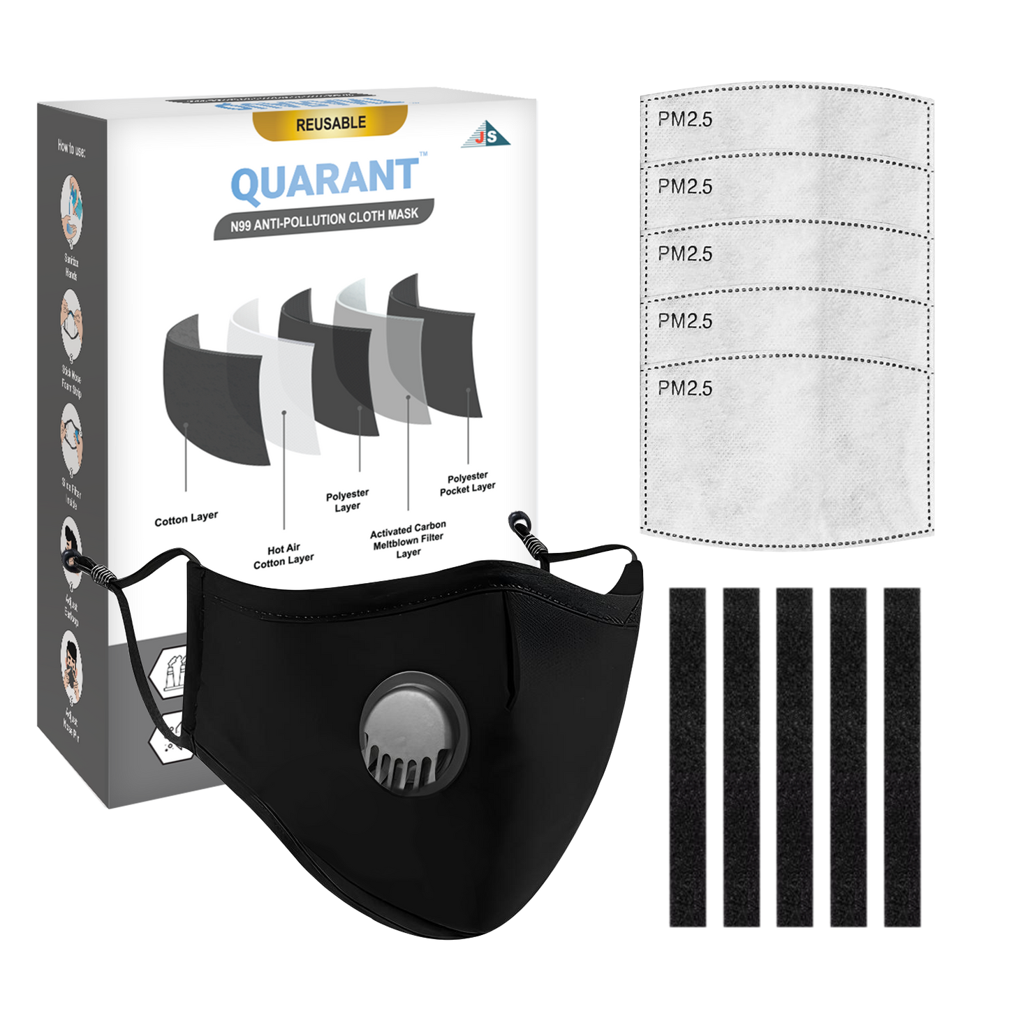 QUARANT N99 Anti-Pollution Reusable Cloth Face Mask with 5 Activated Carbon PM 2.5 Filters, 5 Nose Foam Strips