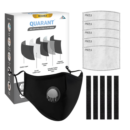 QUARANT N99 Anti-Pollution Reusable Cloth Face Mask with 5 Activated Carbon PM 2.5 Filters, 5 Nose Foam Strips