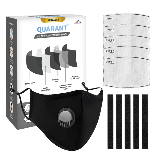 QUARANT N99 Anti-Pollution Reusable Cloth Face Mask with 5 Activated Carbon PM 2.5 Filters, 5 Nose Foam Strips
