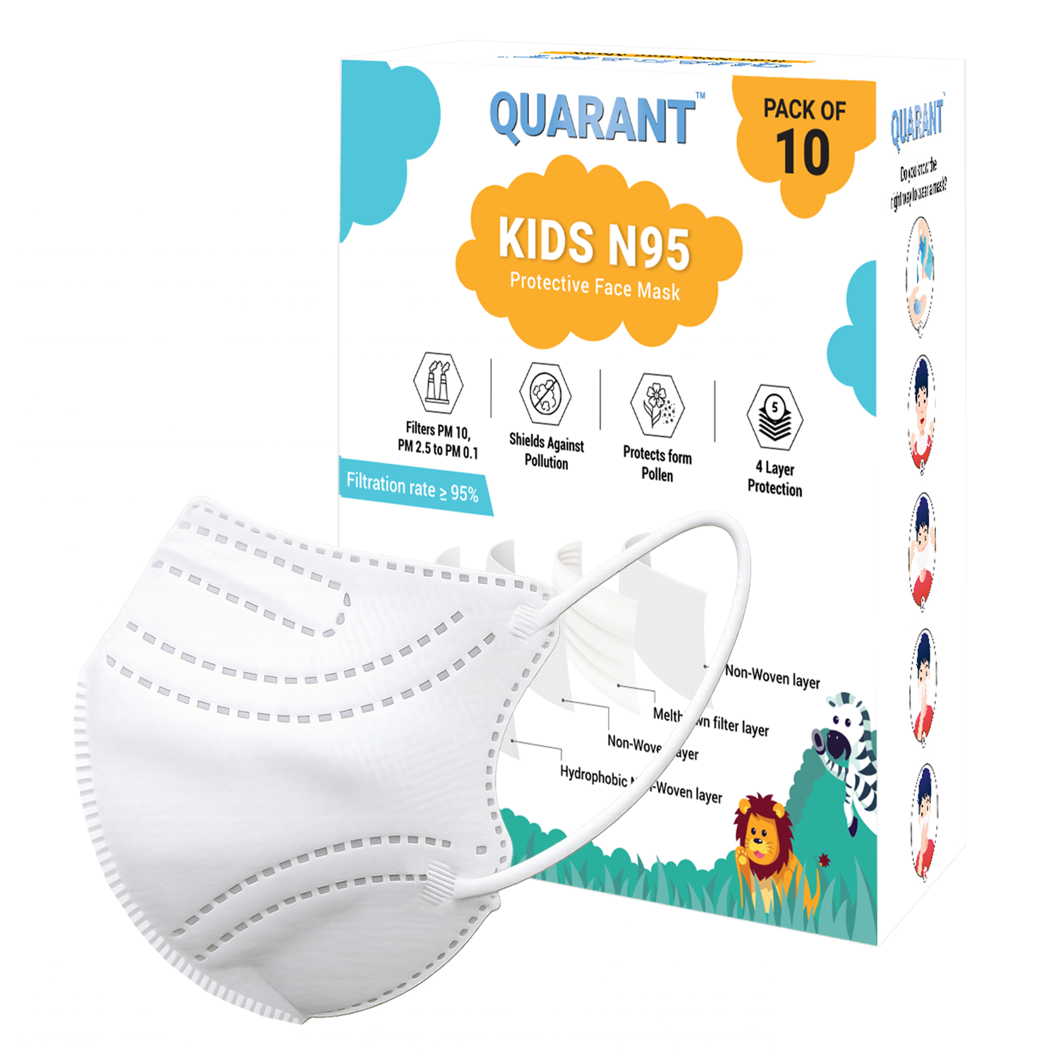 QUARANT Kids N95 Face Mask for Boys & Girls with Reusable Travel Pouch, Suitable for Children Aged 4 to 12 Years (White, Pack of 10)