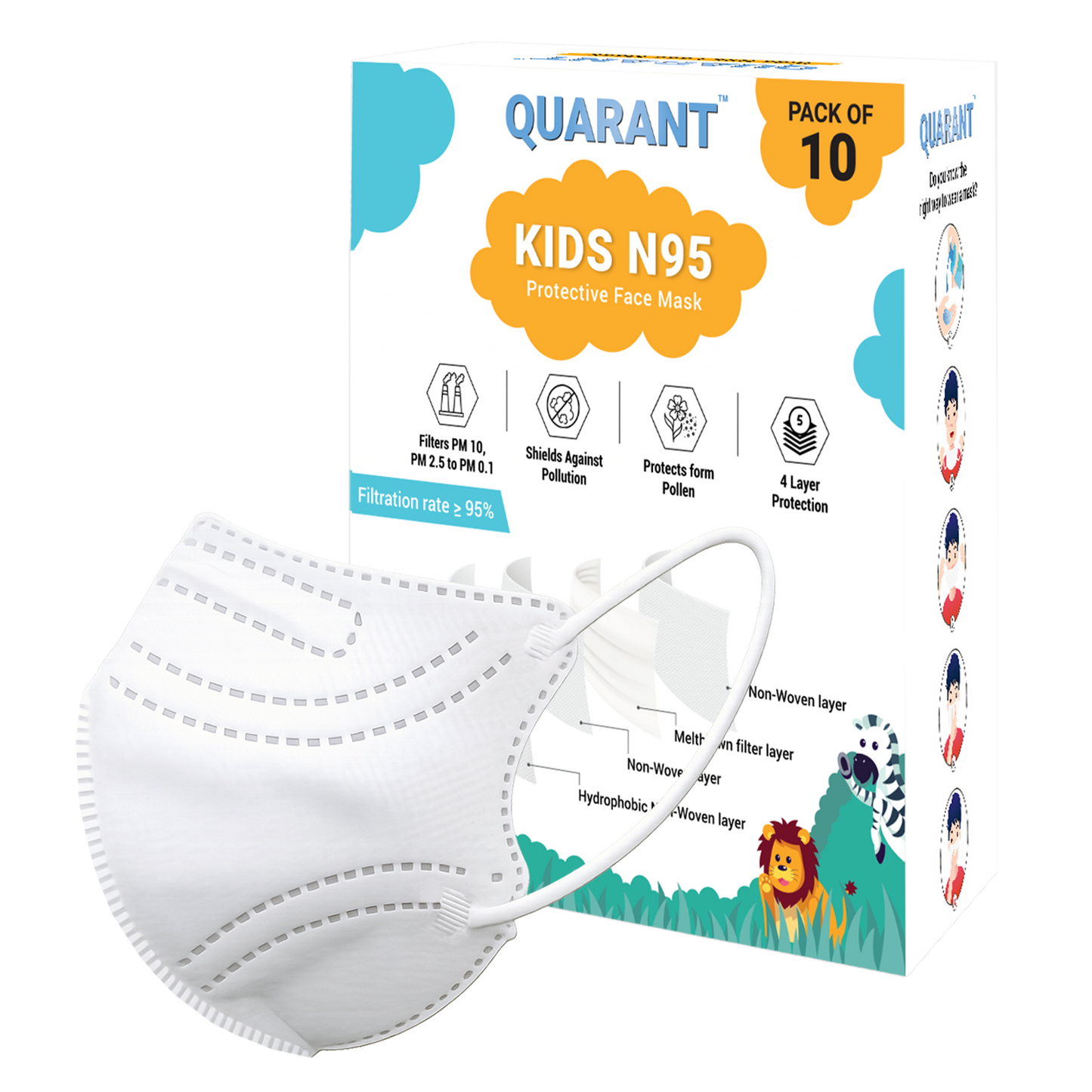 QUARANT Kids N95 Face Mask for Boys & Girls with Reusable Travel Pouch, Suitable for Children Aged 4 to 12 Years (White, Pack of 10)