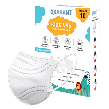 QUARANT Kids N95 Face Mask for Boys & Girls with Reusable Travel Pouch, Suitable for Children Aged 4 to 12 Years (White, Pack of 10)