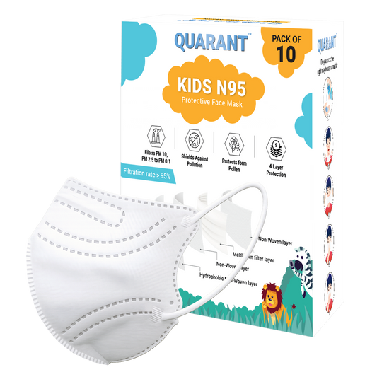 QUARANT Kids N95 Face Mask for Boys & Girls with Reusable Travel Pouch, Suitable for Children Aged 4 to 12 Years (White, Pack of 10)