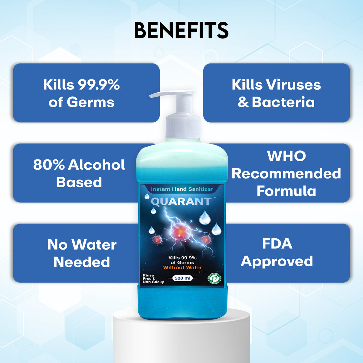 QUARANT 80% Alcohol Based Instant Hand Sanitizer Pump, Kills 99.9% Germs, WHO Recommended Formula & FDA Approved, 500 ML (Pack of 2 Bottles)