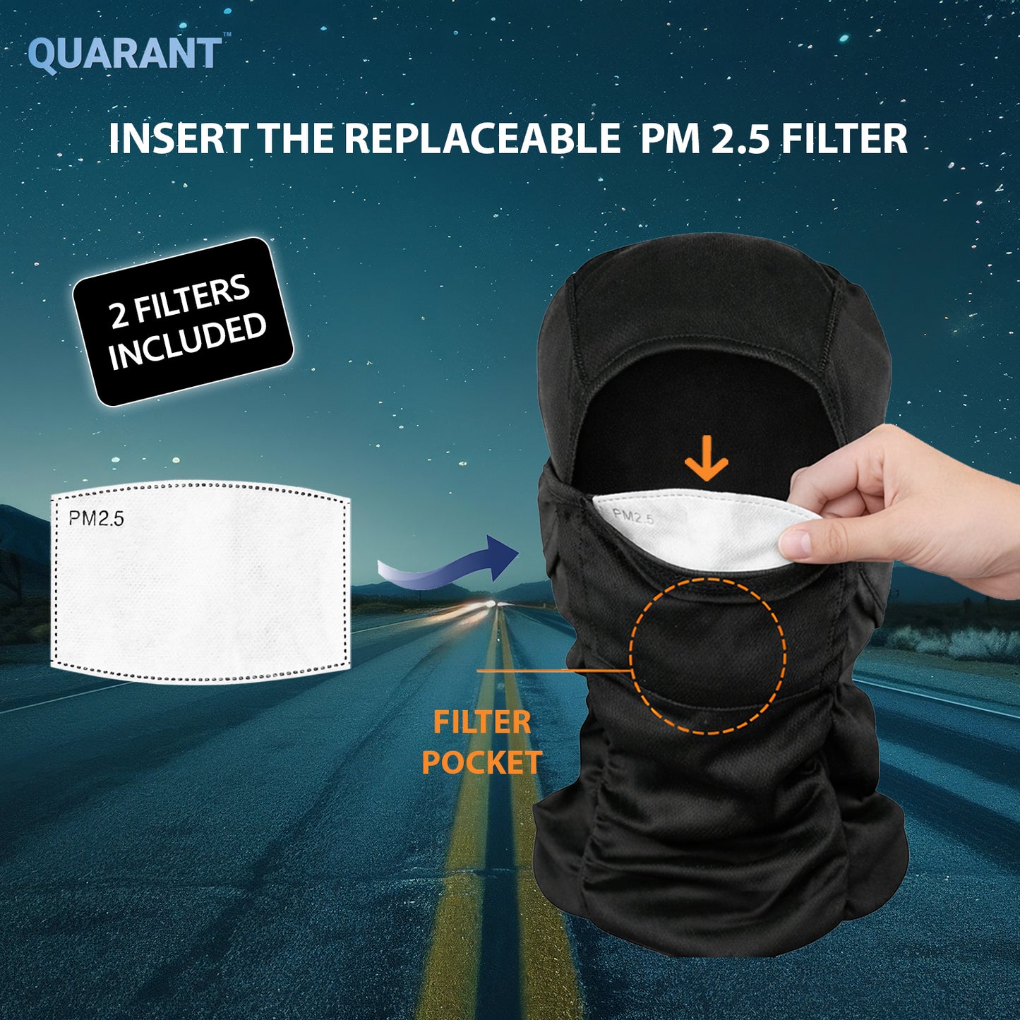 QUARANT Balaclava Full Face Mask with PM 2.5 Filter Pocket, Includes 2 Replaceable PM 2.5 Activated Carbon Filters Filters (Black) for Unisex