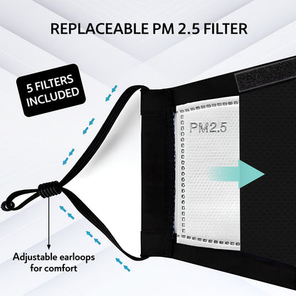 QUARANT N99 Anti-Pollution Reusable Cloth Face Mask with 5 Activated Carbon PM 2.5 Filters, 5 Nose Foam Strips