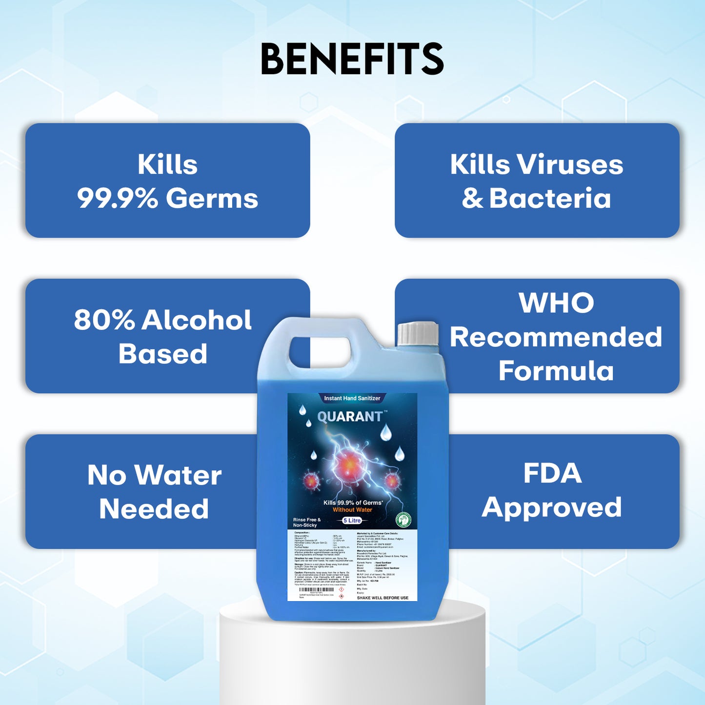 QUARANT 80% Alcohol Based Instant Hand Sanitizer Refill Pack, Kills 99.9% Germs, WHO Recommended Formula & FDA Approved (5 Litre Can)