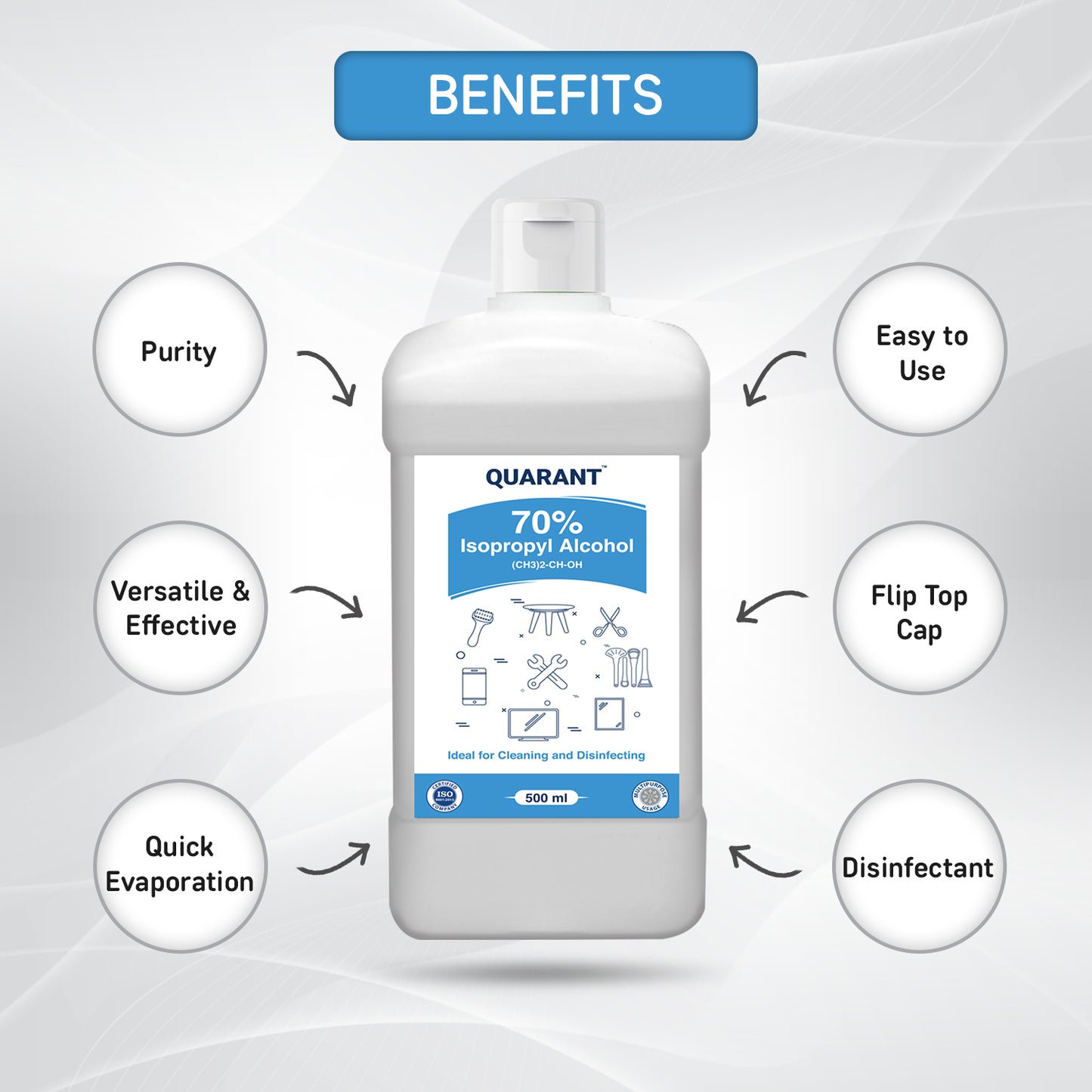 QUARANT 70% Isopropyl Alcohol (IPA) for Cleaning & Disinfecting, 500ml Flip-Top Bottle