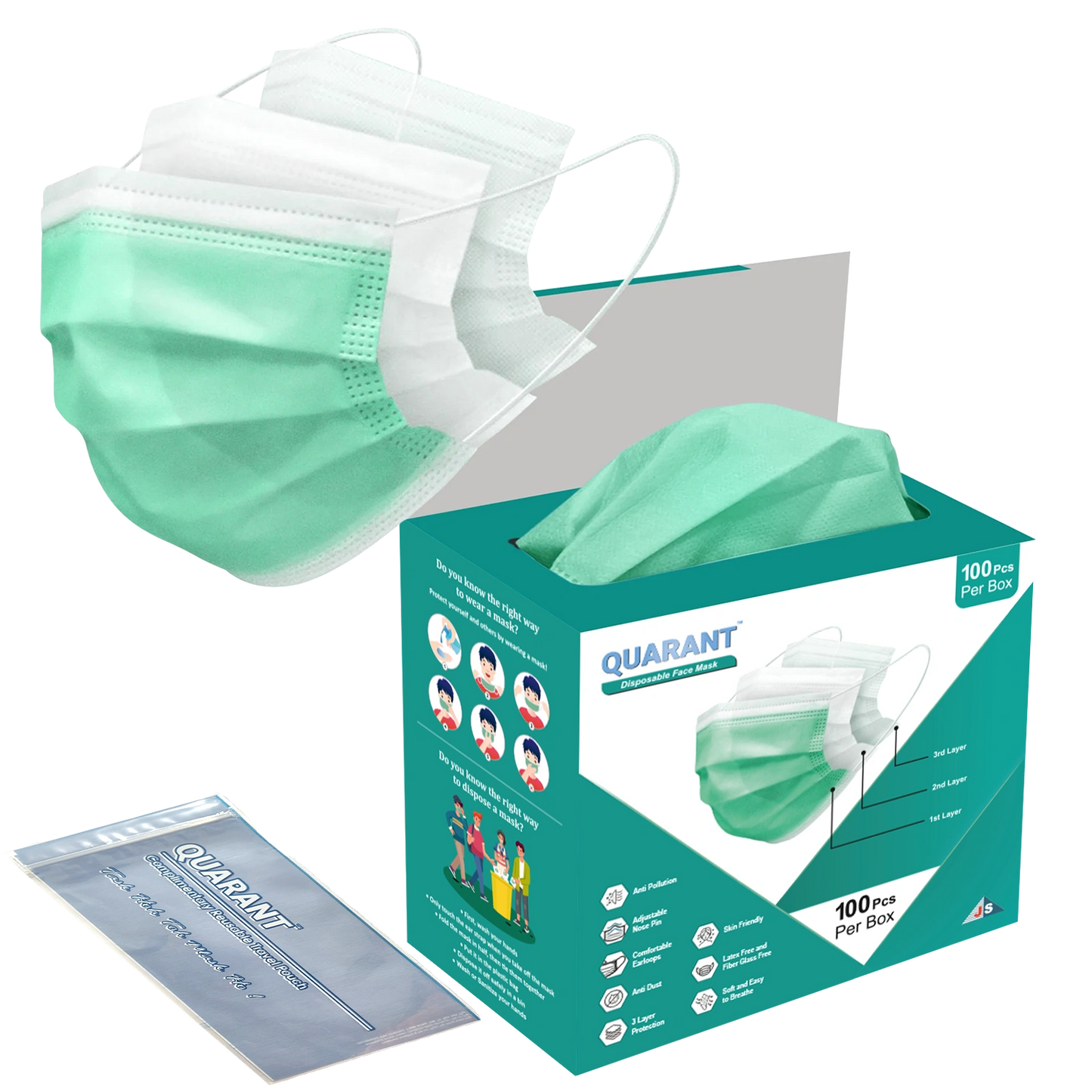 QUARANT 3 Ply Green Surgical Face Mask with Adjustable Nose Pin - Pack of 100