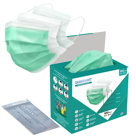 QUARANT 3 Ply Green Surgical Face Mask with Adjustable Nose Pin - Pack of 100