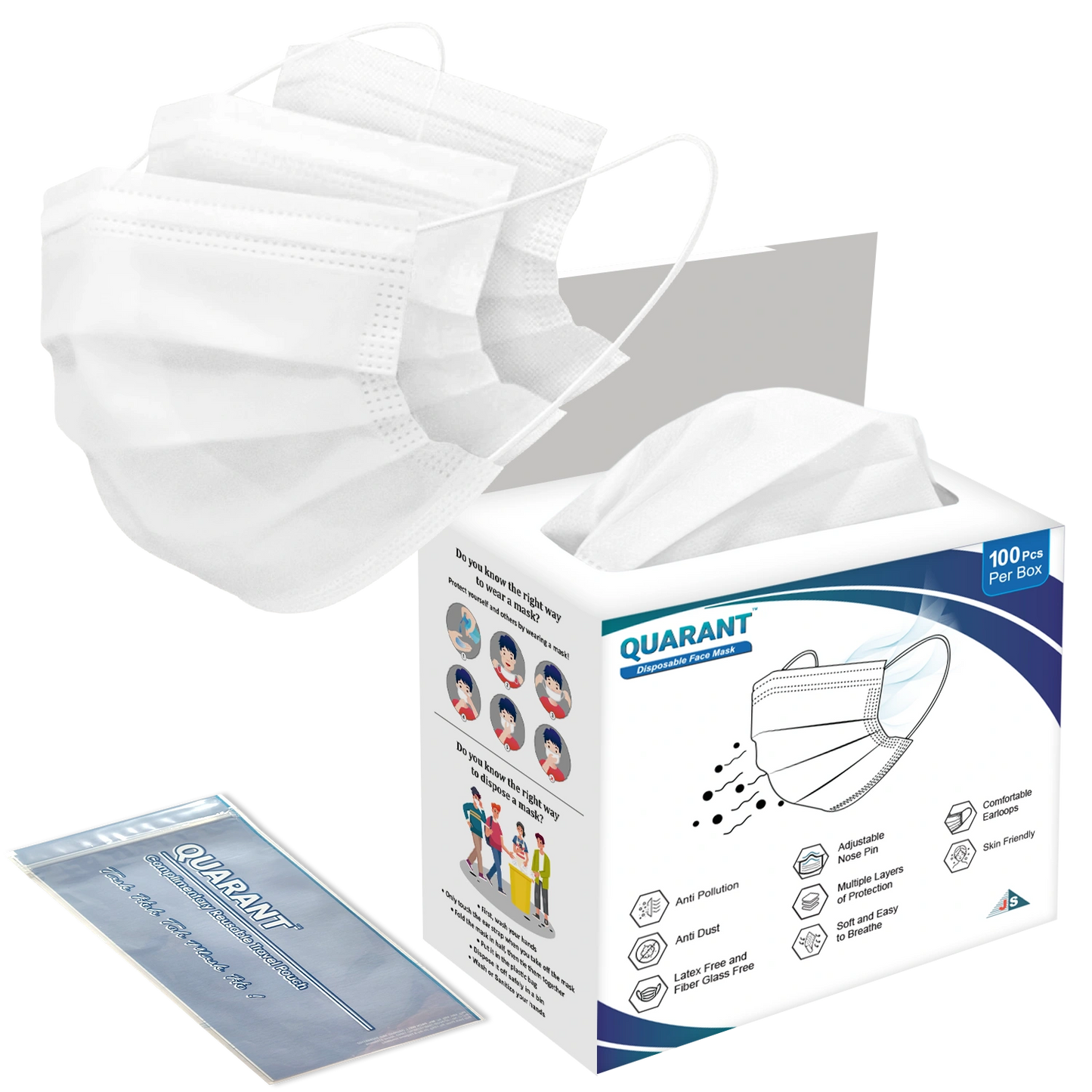 QUARANT 3 Ply White Surgical Face Mask with Adjustable Nose Pin - Pack of 100