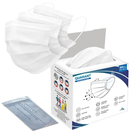 QUARANT 3 Ply White Surgical Face Mask with Adjustable Nose Pin - Pack of 100