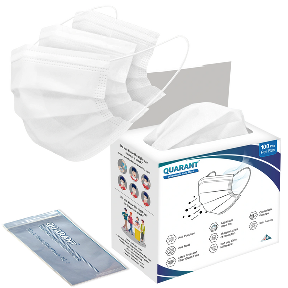 QUARANT 3 Ply White Surgical Face Mask with Adjustable Nose Pin - Pack of 100