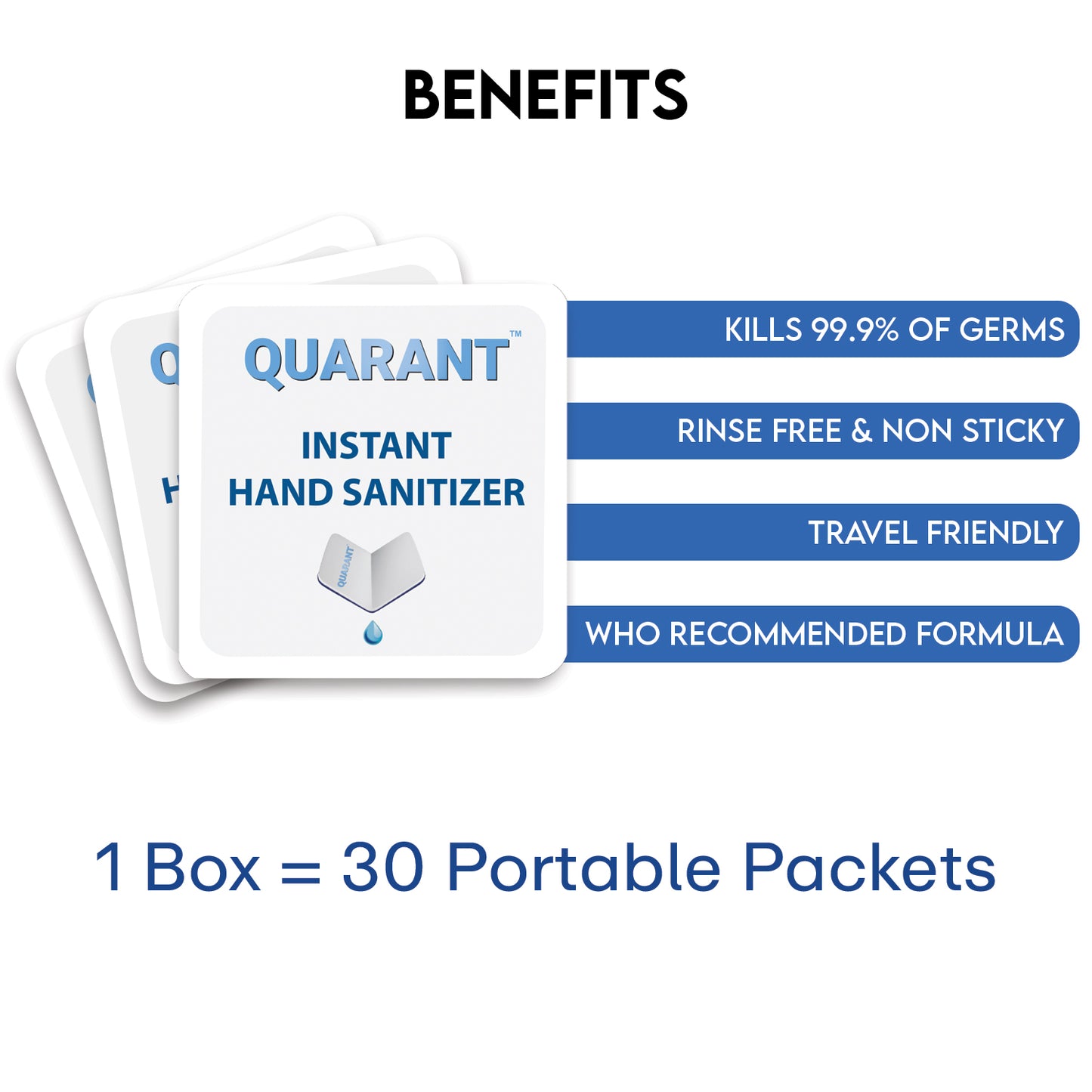 QUARANT 80% Alcohol Based Instant Hand Sanitizer Singles, Travel Size Single Use 2 ml Individual Portable Packets, Kills 99.9% Germs, WHO Recommended Formula, FDA Approved (Pack of 30)
