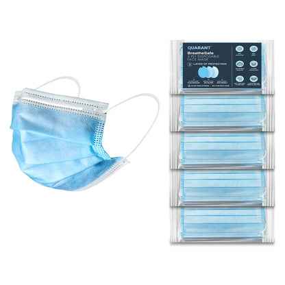QUARANT 3 Ply Disposable Surgical Face Mask with Adjustable Nose Pin - Packed in Sealed Pouches of 5 pcs