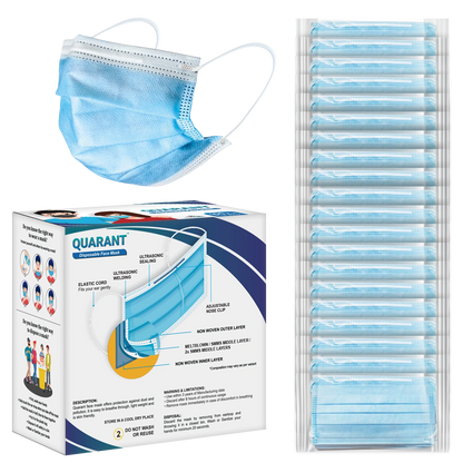 QUARANT 3 Ply Disposable Surgical Face Mask with Adjustable Nose Pin - Packed in Sealed Pouches of 5 pcs