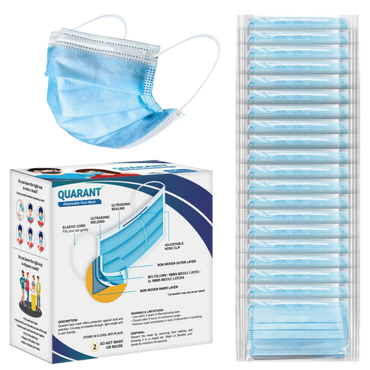 QUARANT 3 Ply Disposable Surgical Face Mask with Adjustable Nose Pin - Packed in Sealed Pouches of 5 pcs