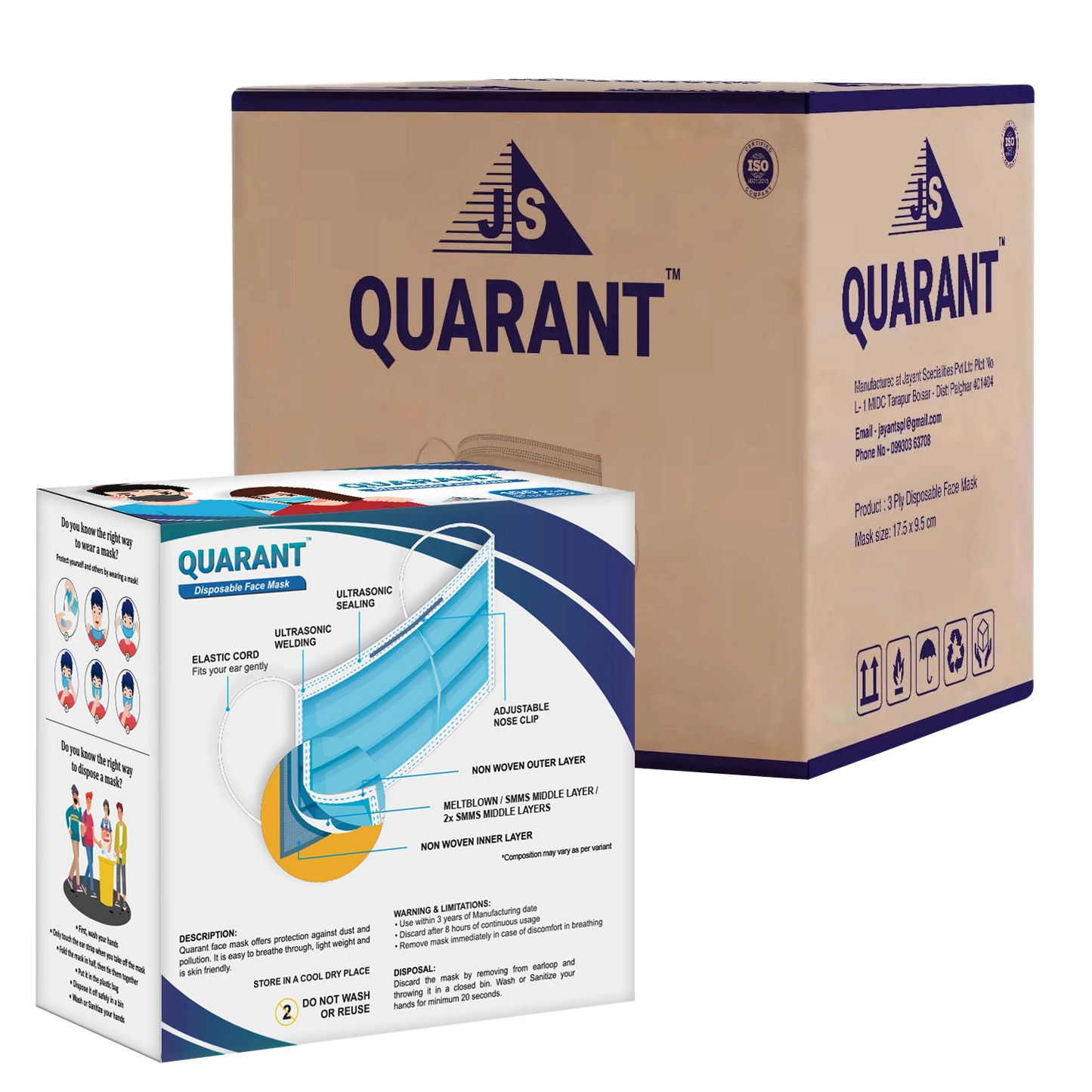 QUARANT 3 Ply Disposable Surgical Face Mask with Adjustable Nose Pin - Packed in Sealed Pouches of 5 pcs