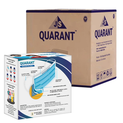 QUARANT 3 Ply Disposable Surgical Face Mask with Adjustable Nose Pin - Packed in Sealed Pouches of 5 pcs