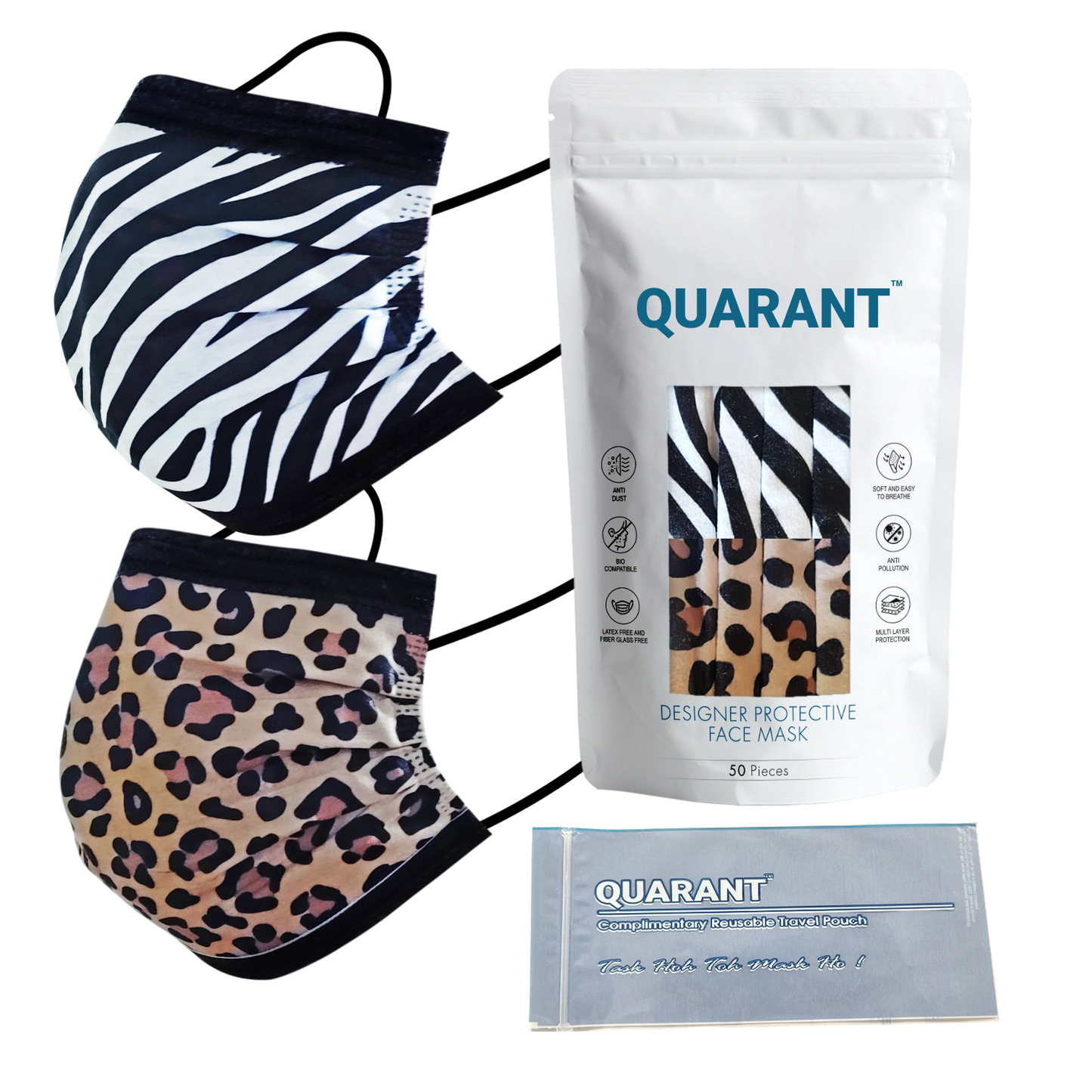 QUARANT 4 Ply Designer Protective Surgical Face Mask with Adjustable Nose Pin (Animal Print Combo) - Pack of 50