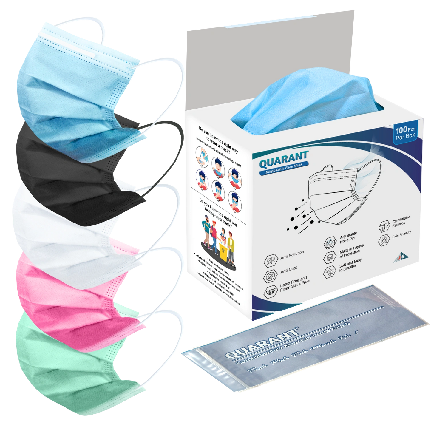 QUARANT 3 Ply Assorted Surgical Face Mask with Adjustable Nose Pin - Pack of 100