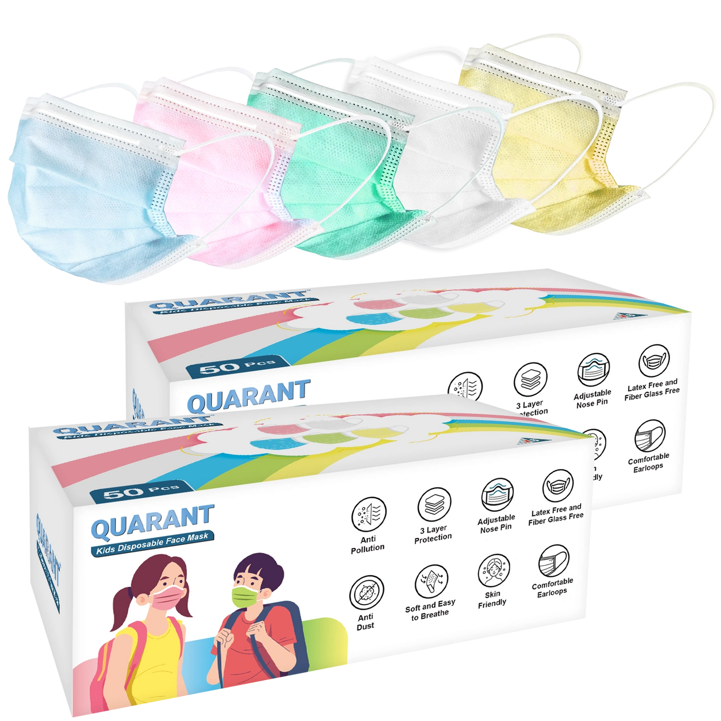 QUARANT Kids 3 Ply Disposable Surgical Face Mask for Children Aged 5 to 12 Years (Rainbow Combo)