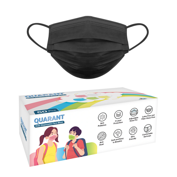 QUARANT Kids 3 Ply Disposable Surgical Face Mask for Children Aged 5 to 12 Years (Black)