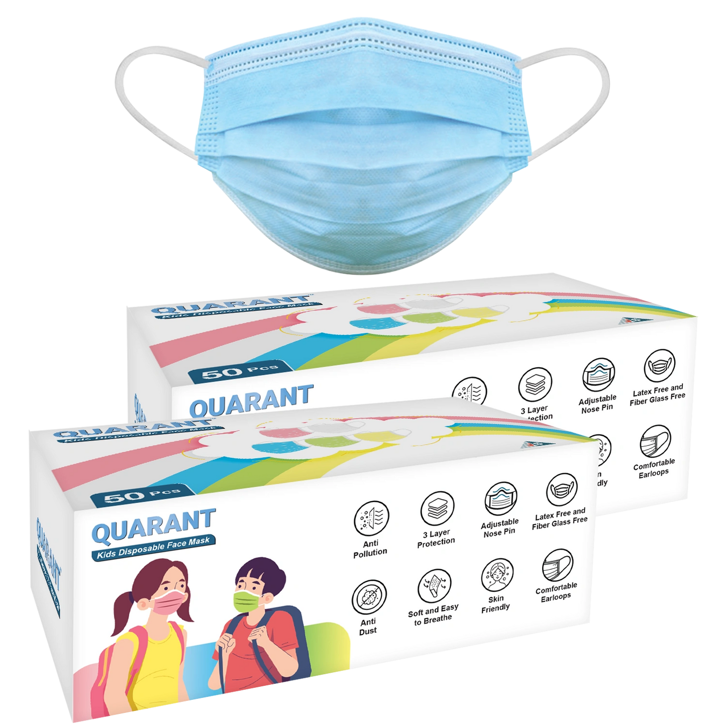 QUARANT Kids 3 Ply Disposable Surgical Face Mask for Children Aged 5 to 12 Years (Blue)