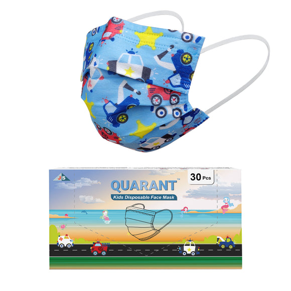 QUARANT Kids 3 Ply Designer Surgical Face Mask for Children Aged 5 to 12 Years (Pack of 30, Car and Truck Design)