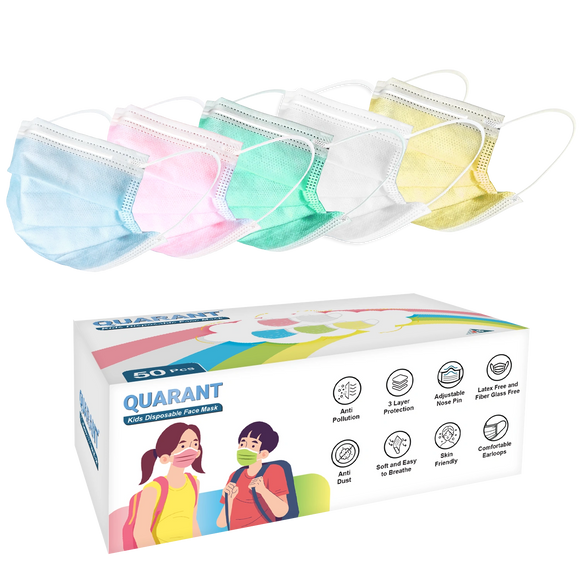 QUARANT Kids 3 Ply Disposable Surgical Face Mask for Children Aged 5 to 12 Years (Rainbow Combo)