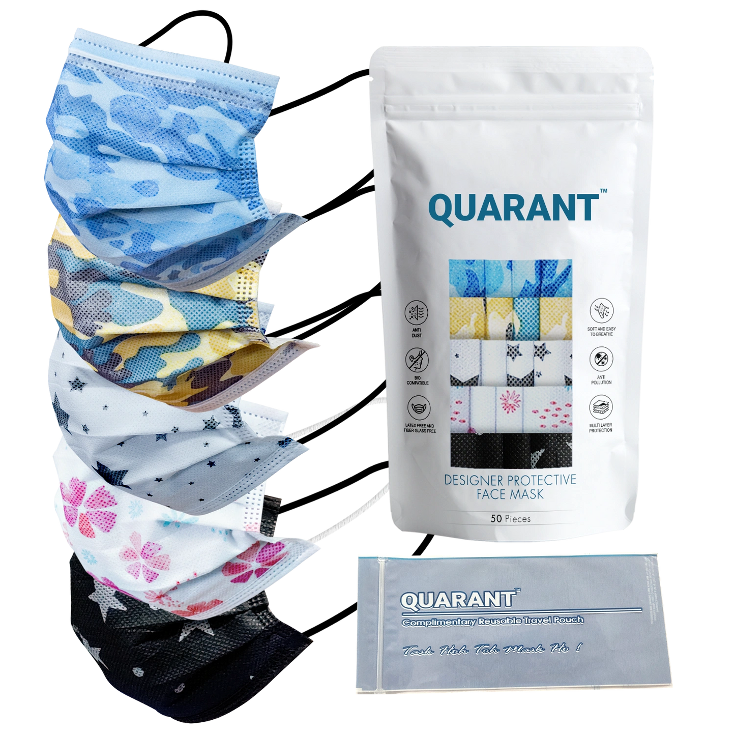 QUARANT 4 Ply Designer Protective Surgical Face Mask with Adjustable Nose Pin (Mixed Combo) - Pack of 50