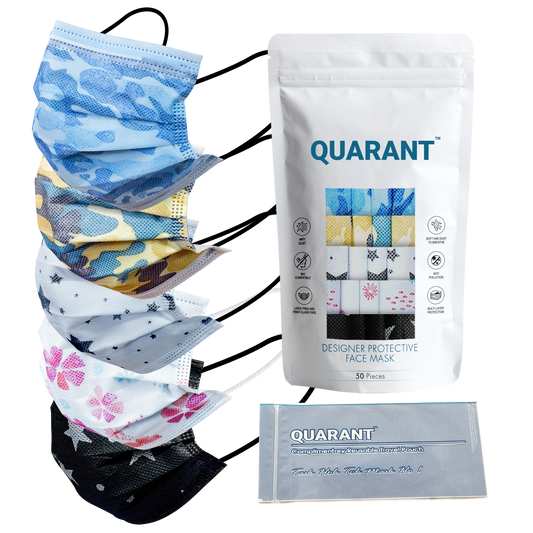 QUARANT 4 Ply Designer Protective Surgical Face Mask with Adjustable Nose Pin (Mixed Combo) - Pack of 50