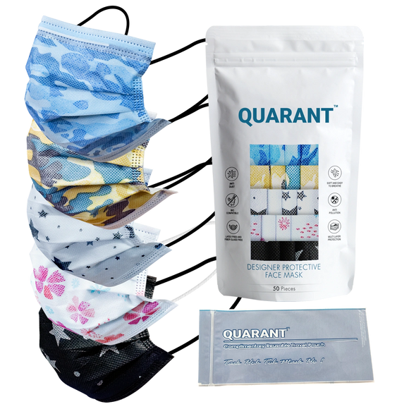 QUARANT 4 Ply Designer Protective Surgical Face Mask with Adjustable Nose Pin (Mixed Combo) - Pack of 50