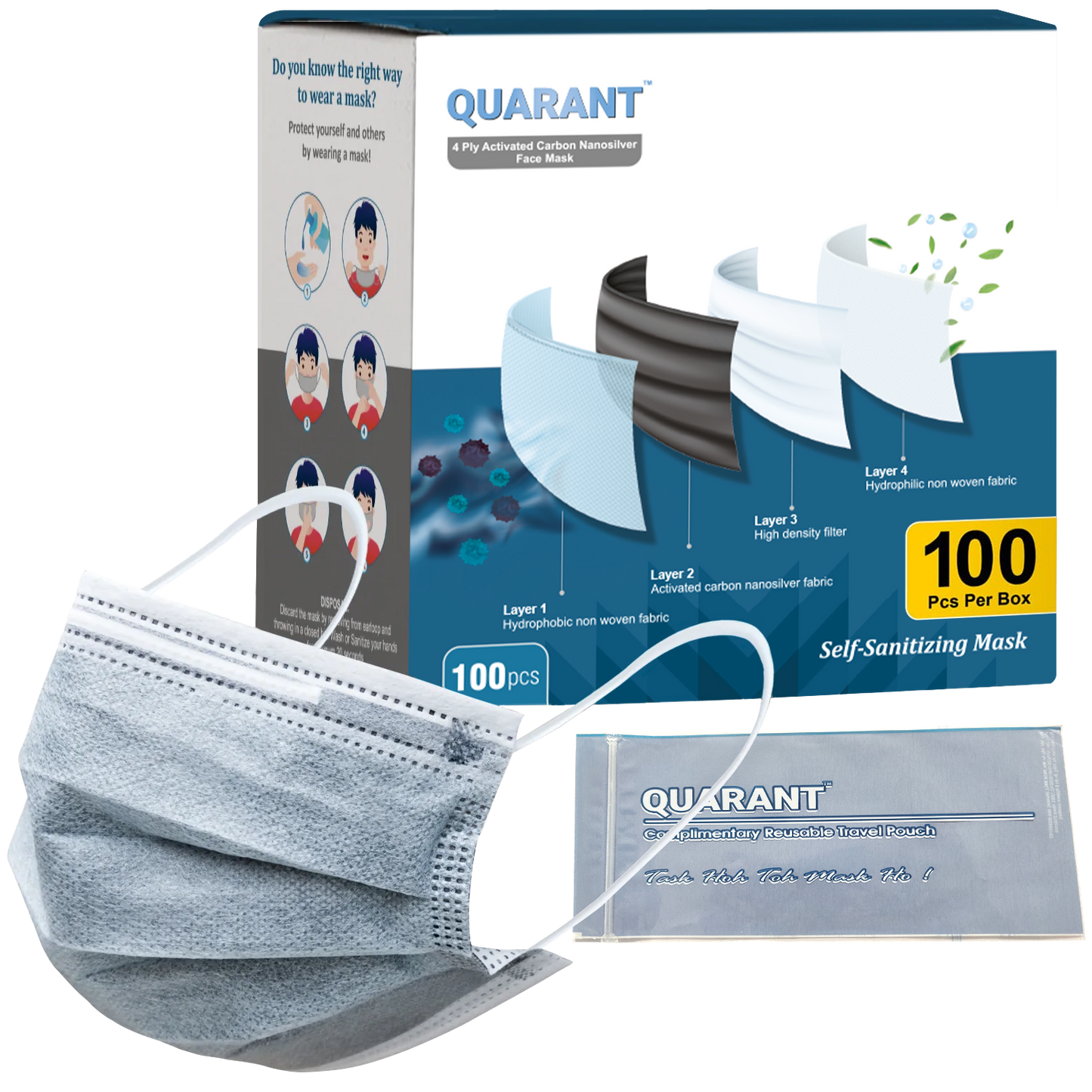 QUARANT 4 Ply Nanosilver Activated Carbon Surgical Face Mask with Adjustable Nose Pin