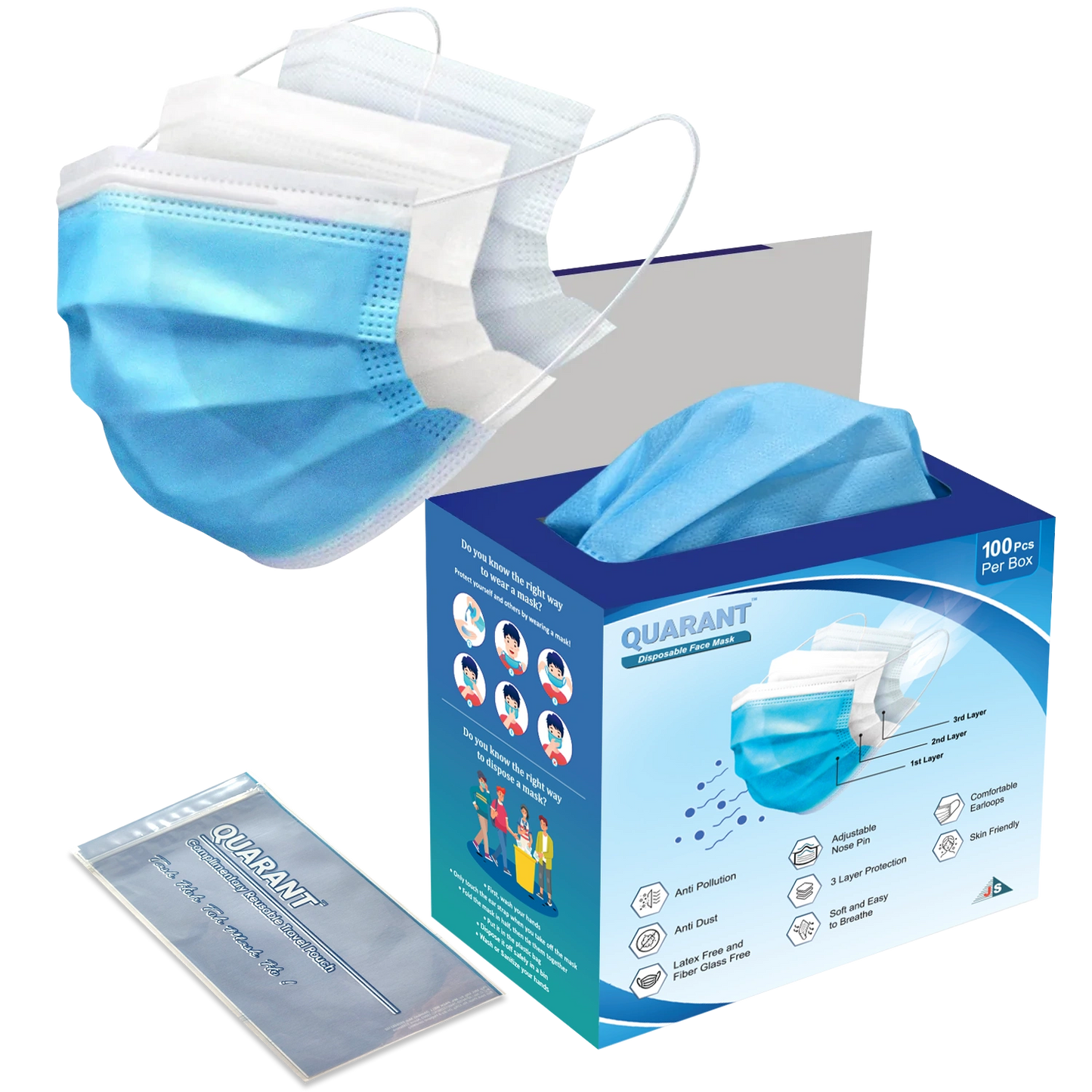 QUARANT 3 Ply Protective Surgical Face Mask with Adjustable Nose Pin