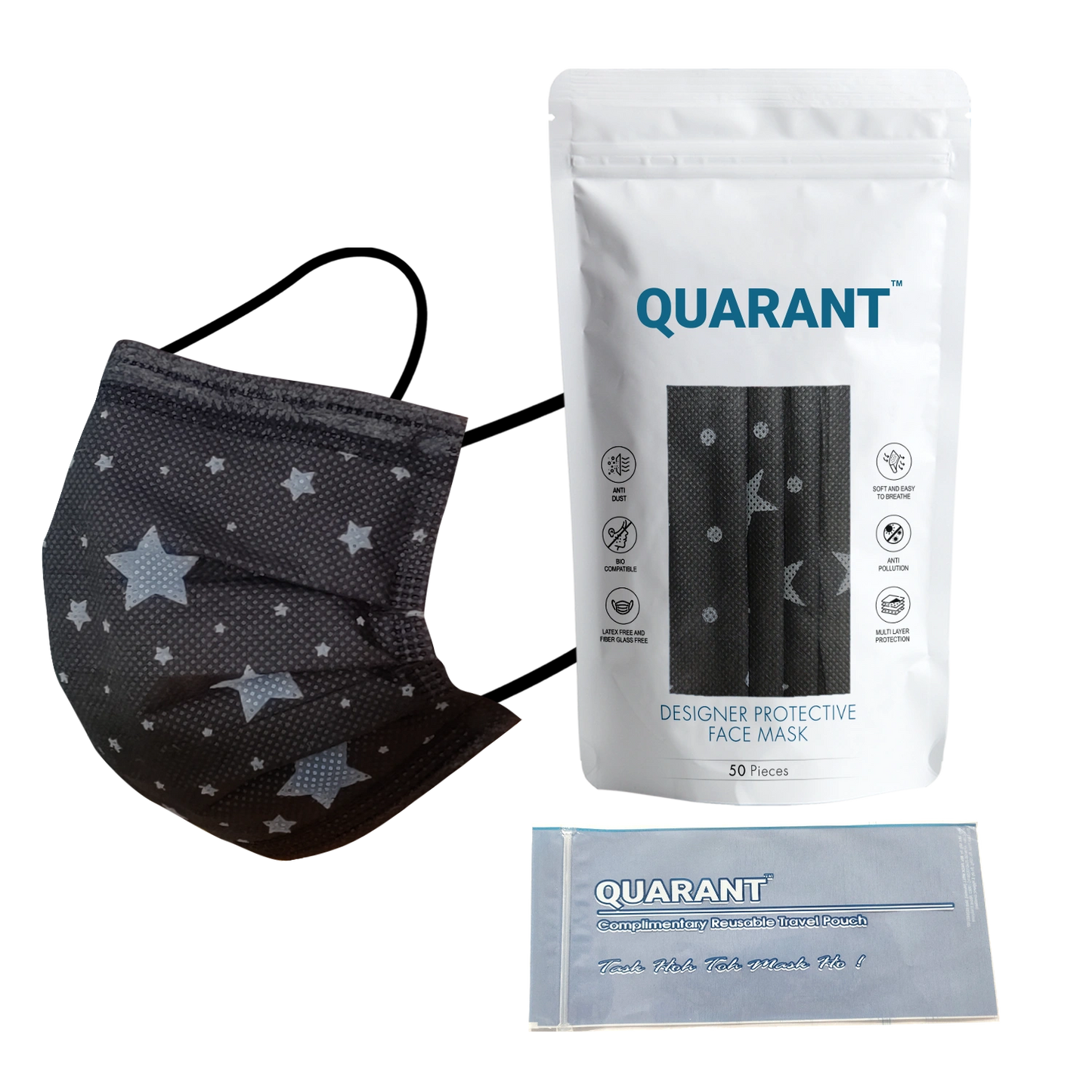 QUARANT 4 Ply Designer Protective Surgical Face Mask with Adjustable Nose Pin (Stary Night) - Pack of 50