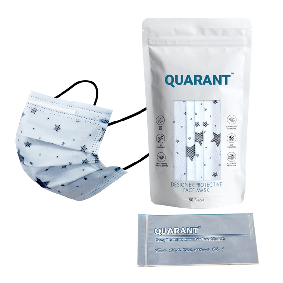 QUARANT 4 Ply Designer Protective Surgical Face Mask with Adjustable Nose Pin (Stary White) - Pack of 50